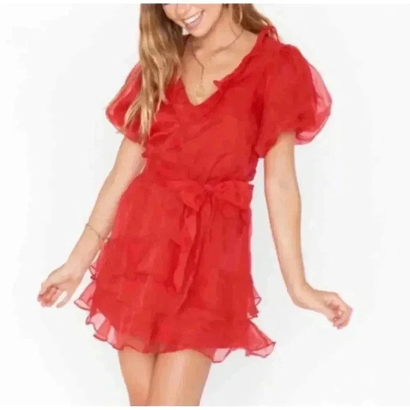 Show me Your Mumu Red Ruffle Puff Sleeve Dress NWT Romantic Coquette Holiday - Picture 2 of 16